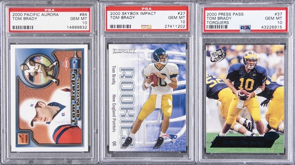 2000 Skybox Impact and Assorted Brands Tom Brady PSA GEM MT 10 Rookie Cards Trio (3 Different)